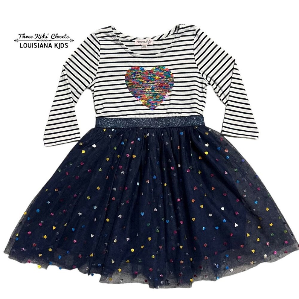 Chenault Girl 4/5Y Striped Flip Sequins Heart Tulle Dress